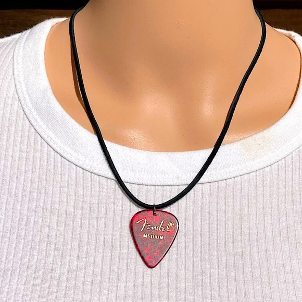 Red Guitar Pick Necklace Suede Cord Pearlescent Unisex New